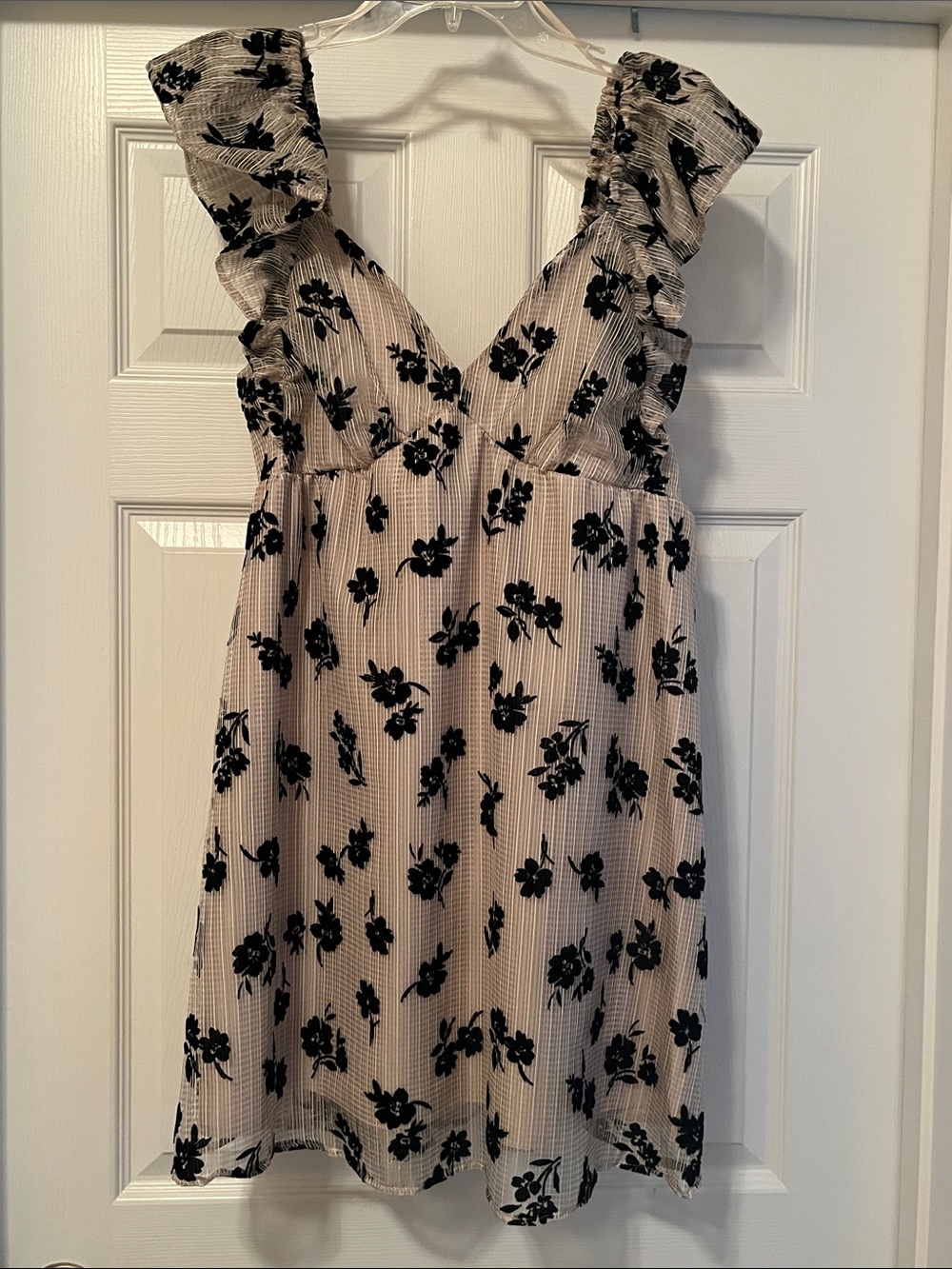 Ruffle-Shoulder Black Floral Mini Dress in Cream